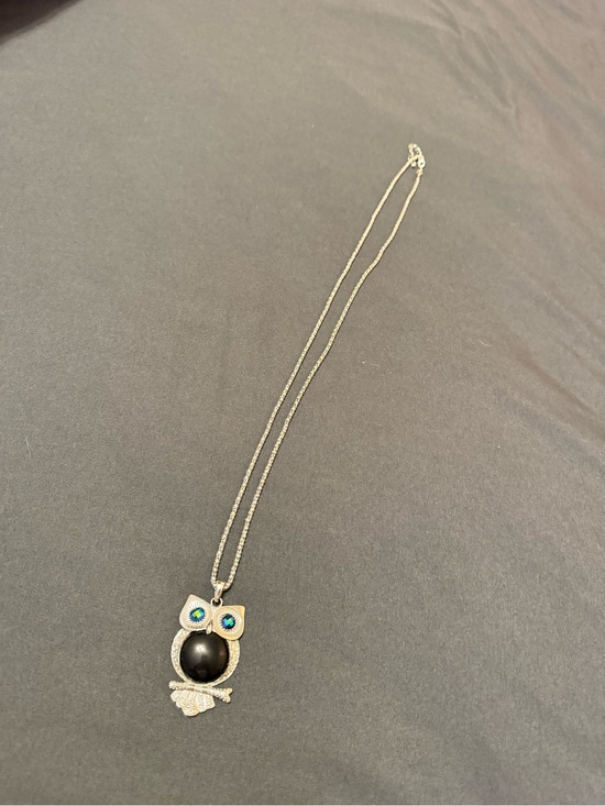Jewelry - Silver Owl Pendant Necklace with Black Stone and Blue Accents